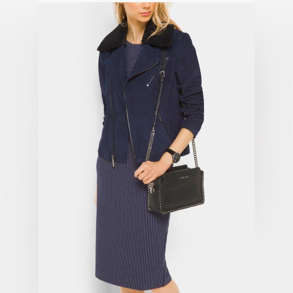 Micheal Kors Suede Moto Jacket with Faux Shearling Collar, Navy, size Small